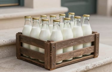 A row of glass milk bottles in a muted earth brown crate, placed on a soft off-white stone doorstep in clear daylight.