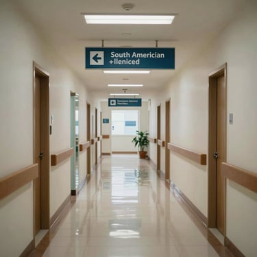 A clean, modern South American hospital corridor with polished floors, professional lighting, and clearly marked signage, reflecting a well-organized and reliable institution.