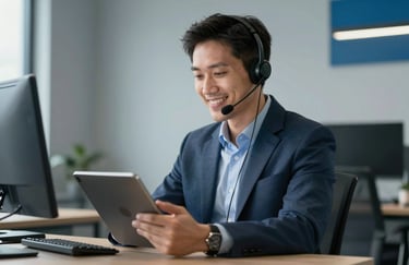 A professional male dispatcher wearing a headset and smiling, focused on a tablet screen in a bright office environment with Muted Blue-Grey walls and Steel Blue decor.