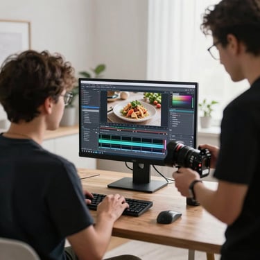 A high-contrast behind-the-scenes shot of a content creator editing professional food photos in a bright, modern North American studio.