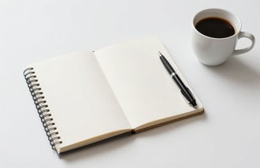 A minimalist flat-lay of a notebook and pen next to a cup of coffee on a white desk, clean and modern style, reflecting personal writing.