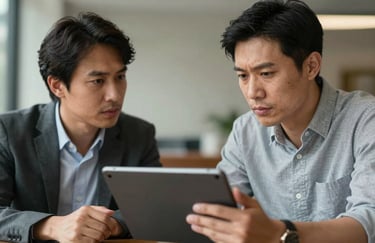 A photograph of two professionals in a North American setting having a serious discussion over a tablet, symbolizing humanitarian cooperation and strategic consulting.