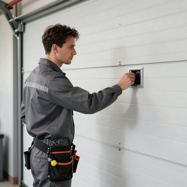 A service technician wearing a professional slate grey uniform and a tool belt, inspecting the balance of a large white garage door.