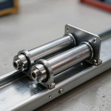 A crisp, detailed shot of high-quality steel garage door rollers and a heavy-duty bracket mounted on a clean metal track, professional hardware photography.