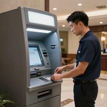 A professional technician performing a check on a clean, modern ATM machine in a well-lit North American hotel lobby, bright lighting.
