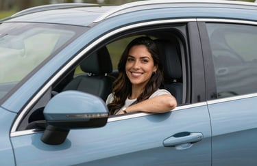 A professional South American / Brazilian woman smiling while sitting in her new SUV, muted ocean blue car exterior, bright natural lighting.