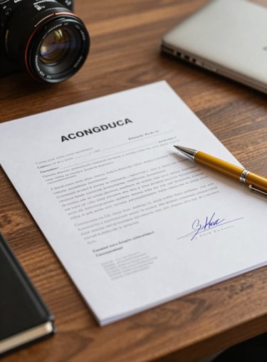 A close-up of a signed consortium contract on a wooden table in a South American / Brazilian office, with a golden amber yellow pen and soft lighting.