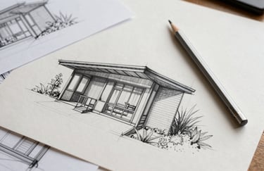 A top-down editorial shot of architectural sketches and a silver drafting pencil on a clean off-white table, representing the design process.