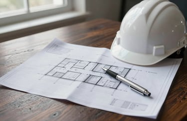 A crisp photograph of architectural blueprints spread across a dark wood table with a white safety helmet and a professional silver pen, soft natural light from a window in a Northern European office.