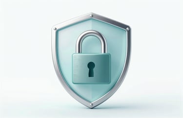 A conceptual image of a digital shield and padlock, rendered in a clean, glass-morphism style using #2D545E and #F0F5F5 to symbolize bank-level security.