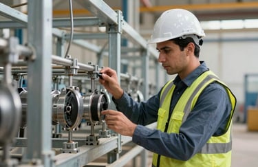 A professional engineer wearing safety gear in a Middle Eastern / Gulf industrial setting, carefully inspecting metal network infrastructure components.