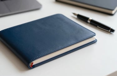 A focused shot of a leather-bound planner and a high-end fountain pen on a clean white desk. The color palette emphasizes professionalism with deep blue accents (#1A2E44) and soft lighting.