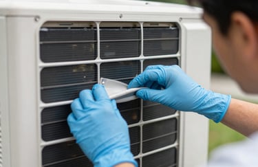 A close-up of a technician's hands in light blue gloves carefully cleaning the condenser coils of an air conditioner, outdoor Florida setting, daytime.