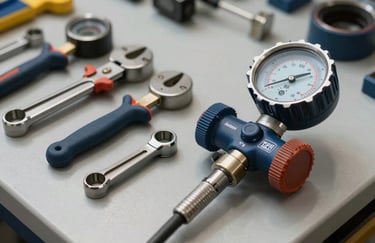 A set of high-quality professional maintenance tools and a digital manifold gauge on a clean work surface, dark blue and silver tones, North American / US context.