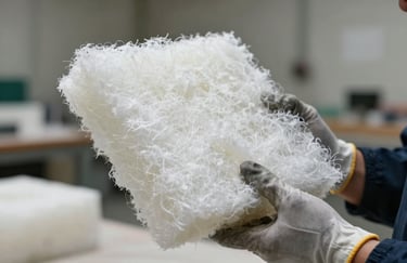 A close-up photograph of a professional technician's gloved hand holding a sample of clean, fluffy white fiberglass insulation. The lighting is soft and professional, with a Muted Forest workshop background.