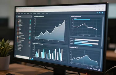 A sophisticated close-up of a high-end digital interface on a monitor in a darkened North American office, showing beautiful, data-driven graphs in steel blue and off-white colors.