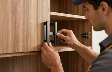 A focused shot of a professional Australian tradesperson in work attire installing dark charcoal hardware on a bespoke timber cabinet, sharp focus.