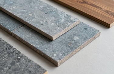 Detailed shot of high-end renovation materials including blue grey tiles and brown wood samples on a light grey background, professional Australian design studio.