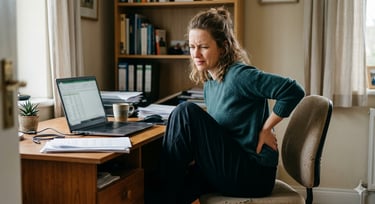 pessoa com dor lombar sentada mostrando desconforto nas costas