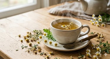 Xícara de chá de camomila quente com flores ao redor em fundo de madeira