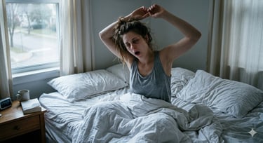 Mulher acordando cansada mesmo após dormir, com expressão de desânimo