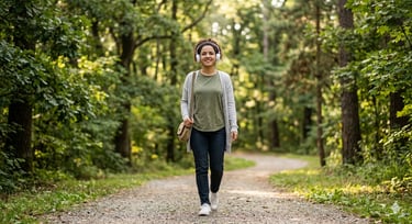 Mulher caminhando em parque arborizado para melhorar a saúde mental