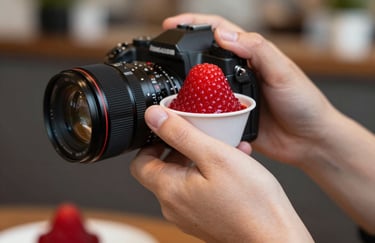A close-up shot of a photographer's hands holding a camera, focusing on a vibrant crimson red dessert in a North American / Western European café.