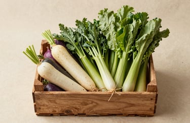 A high-angle photograph of organic vegetables in a wooden crate, sitting on a parchment cream textured background, captured at a North American / Western European local market.