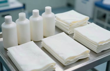 Clean, sterile medical supplies arranged neatly on a surface in a Central European / German facility, photographed in a high-end style with Steel Blue and Soft Off-White tones.