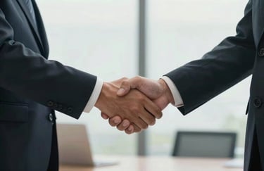 A handshake between two professionals in a Southeast Asian / Indonesian business setting, symbolizing trust and partnership, soft natural lighting.