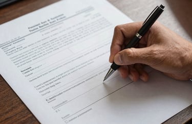 A detailed shot of a person's hand signing a tax document in a Southeast Asian / Indonesian professional setting, using a high-quality pen.