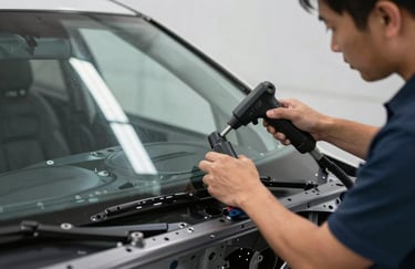 An action photograph of a technician using heavy-duty suction handles to carefully lower a new windshield onto a car frame with professional precision.