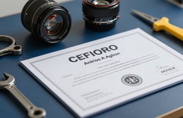 A close-up of a professional certification certificate and high-quality specialized tools used for auto glass installation, laid out on a clean dark blue surface.