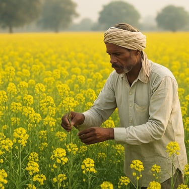 Geometric abstract of desert dunes blending into long, straight crop rows in warm sand and gold hues.