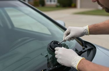 Professional technician's hands wearing clean gloves while carefully installing a new windshield on a vehicle in a North American driveway, focus on precision and care.