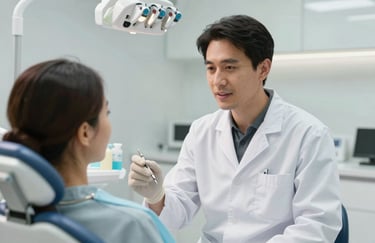 A professional dentist in white attire talking to a patient in a bright, modern South American dental clinic, clean and medical photography style.