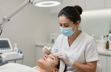 A professional aesthetician in a medical center in South America performing a skin treatment on a patient, bright white lighting, clinical clean setting.