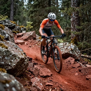 A cyclist wearing a jersey with burnt orange accents navigating a rock garden on a technical red trail, forest background, French / Vosges Region.