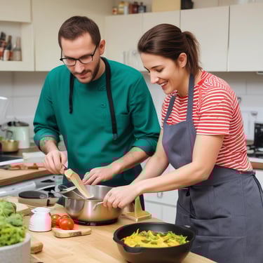 A smiling support worker helping a young adult practice cooking in a bright kitchen.