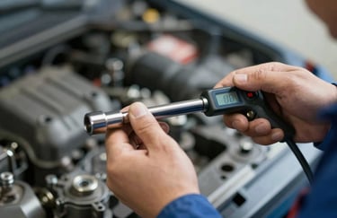 A mechanic's hands using a digital torque wrench on an engine, demonstrating precision and expertise, professional studio lighting.