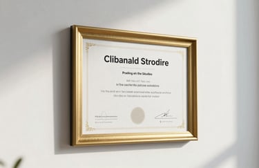 A gold-framed professional certification hanging on a clean white wall in a US clinic, elegant minimalist aesthetic with clean shadows.
