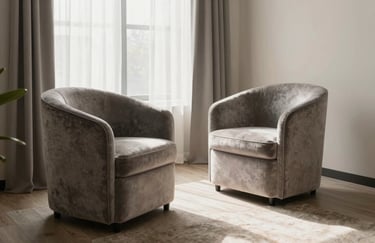 A peaceful North American modern therapy room with two comfortable velvet chairs, soft natural light, and a minimalist design.