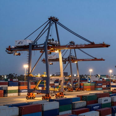 A high-impact photo of Mundra Port at dusk, with industrial cranes and stacked containers, highlighting the global logistics capabilities of AdiShakti Enterprises, Global B2B / Indian Origin.