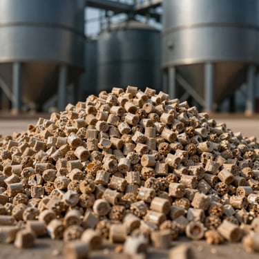 A close-up photograph of high-grade, eco-friendly biomass pellets stored in a modern industrial silo, with soft gold lighting and Dark Blue shadows, Global B2B / Indian Origin.