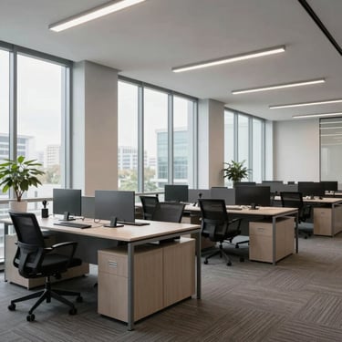 A wide shot of a modern, professional North American office workspace with large windows and clean design, conveying transparency and high-end security.