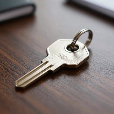 A macro shot of a sleek, metallic security key placed on a dark wooden desk in a professional North American executive office, sharp depth of field.