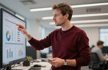 A professional strategist in a Northern European / Scandinavian office wearing a deep ripe crimson sweater, analyzing social media metrics on a screen.