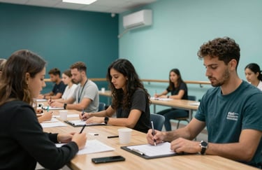 An organized and professional registration area in a Spanish / Latin American dance school, clean and modern aesthetic with Deep Teal and Soft Aqua details.