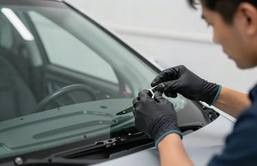 A perspective shot of a technician's hands in professional gloves carefully aligning a new windshield into a vehicle frame. The scene is bright and highlights the precision and care taken in the process.