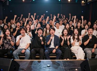 A wide shot of a karaoke competition on a small stage, people cheering in the background, sophisticated and lively mood.